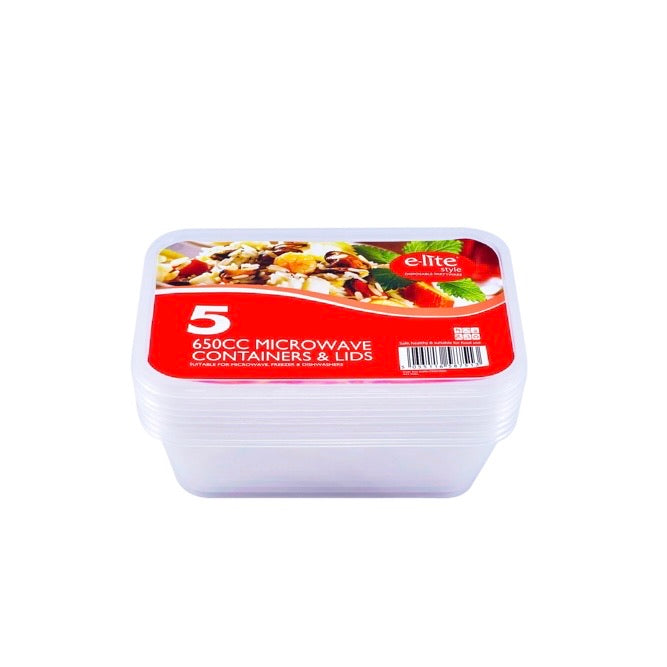 E-Lite 650cc Microwave Container & Lids (5 Pack)